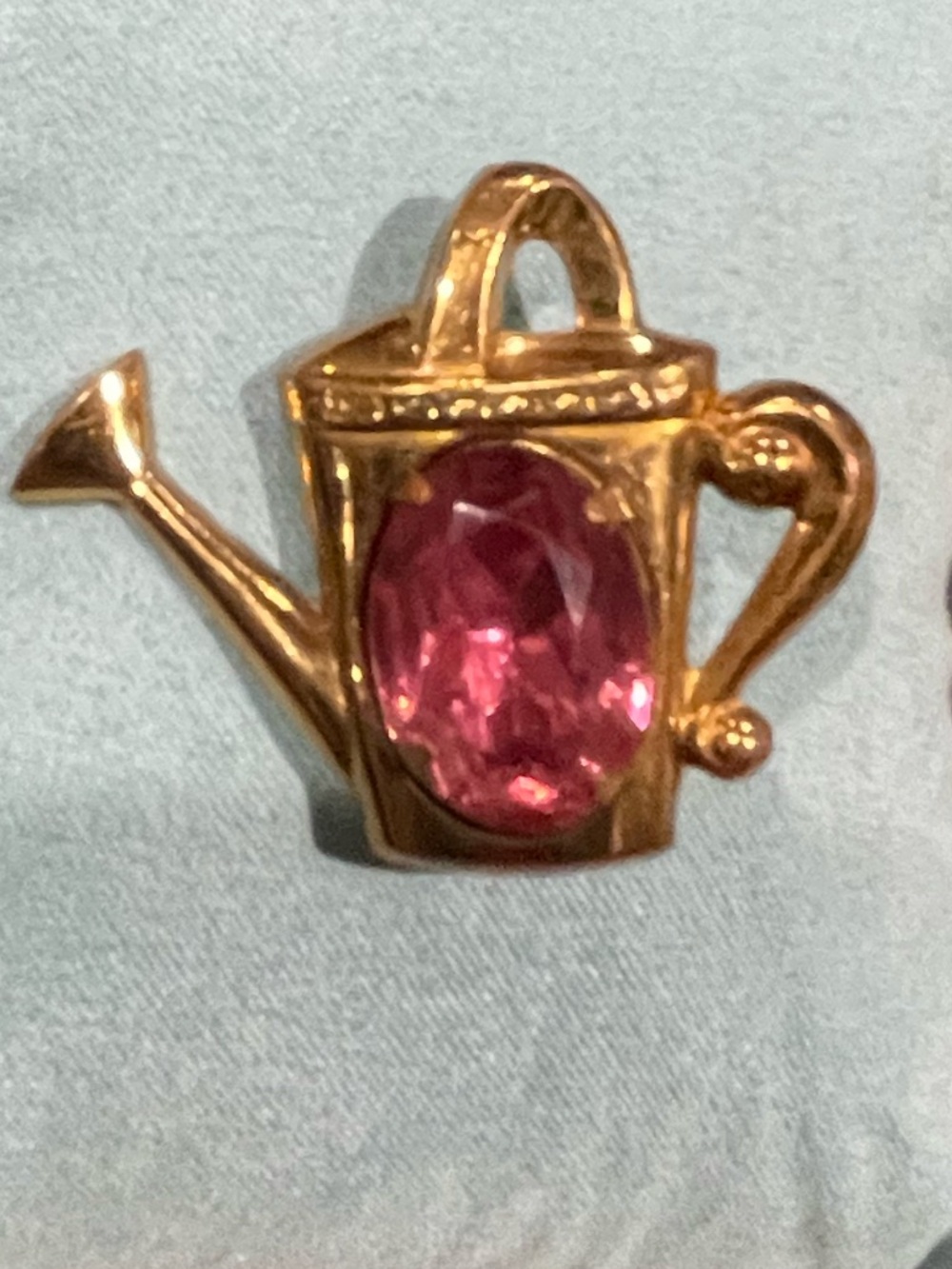 Gold Watering Can Brooch with Pink Stone